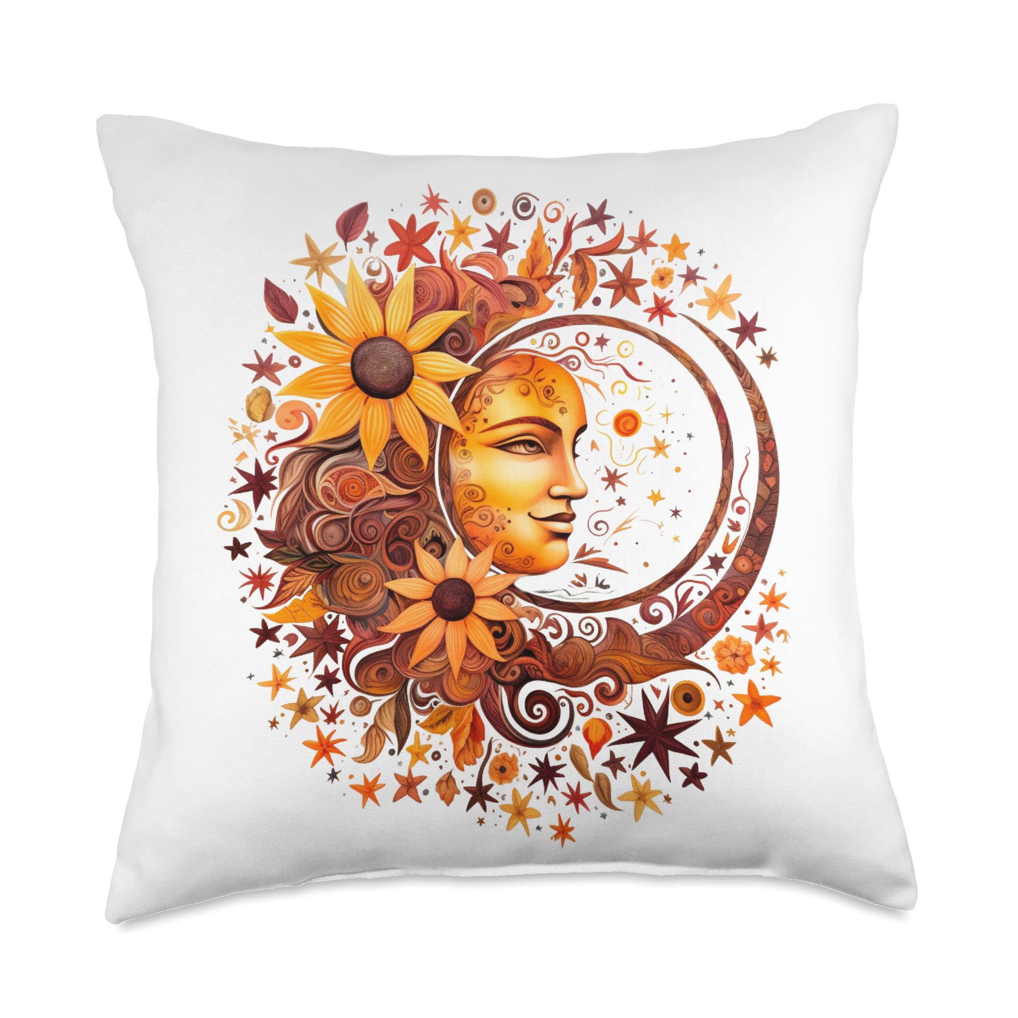 Sun Stars Moon Co 9498 Sun Moon Stars Celestial Sunflower Face Flower Bouquet Throw Pillow, 18x18, Multicolor