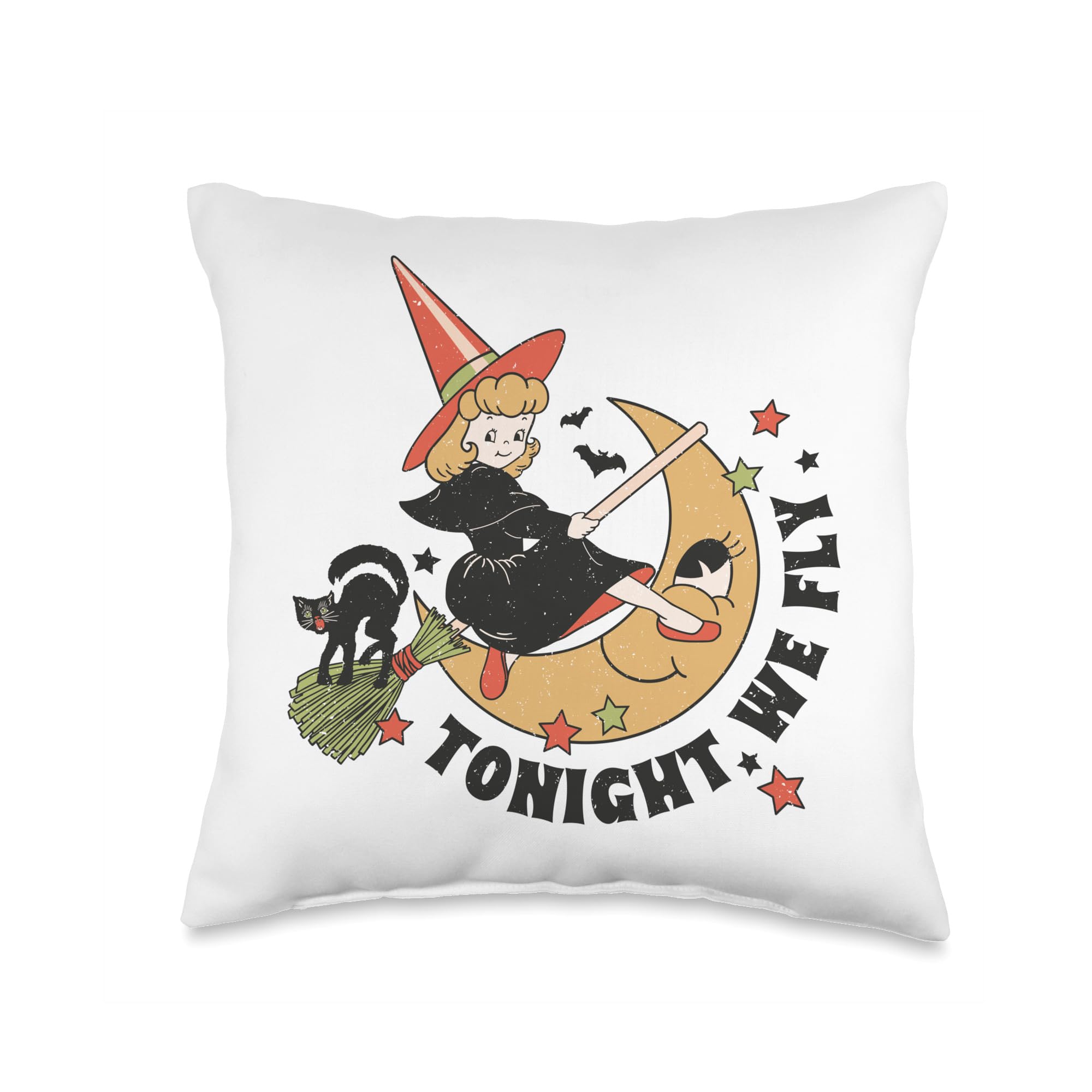 Vintage Witch, Vintage Cat on Halloween Tonight we Fly, Vintage Witch on Halloween Moon Throw Pillow, 16x16, Multicolor