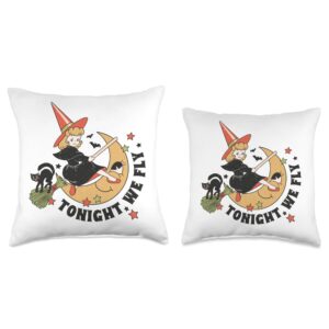 Vintage Witch, Vintage Cat on Halloween Tonight we Fly, Vintage Witch on Halloween Moon Throw Pillow, 16x16, Multicolor