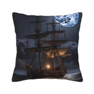 pirate sailboat full moon print throw pillow cover corduroy soft pillowcase with hidden zipper decorative cushion covers for sofa living room home decors 18"x18"