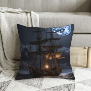 Pirate Sailboat Full Moon Print Throw Pillow Cover Corduroy Soft Pillowcase with Hidden Zipper Decorative Cushion Covers for Sofa Living Room Home Decors 18"X18"