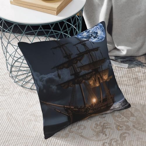 Pirate Sailboat Full Moon Print Throw Pillow Cover Corduroy Soft Pillowcase with Hidden Zipper Decorative Cushion Covers for Sofa Living Room Home Decors 18"X18"