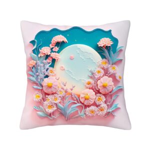 Yioniii a painting with pink flowers and an orange moon，Pillow Covers Printed Throw Pillow Cases Outdoor Decorative Pillow Covers 16x16 in，Multicolor