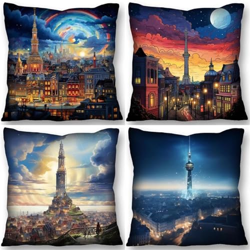 Waxonle AI-Crafted City Moon Throw Pillow Covers 30x30cm Set of 4 for Living Room Bed and Couch Soft Decorative Cushion Cases for Modern Room and Holiday Celebrations - Bedding Home Decor Clearance