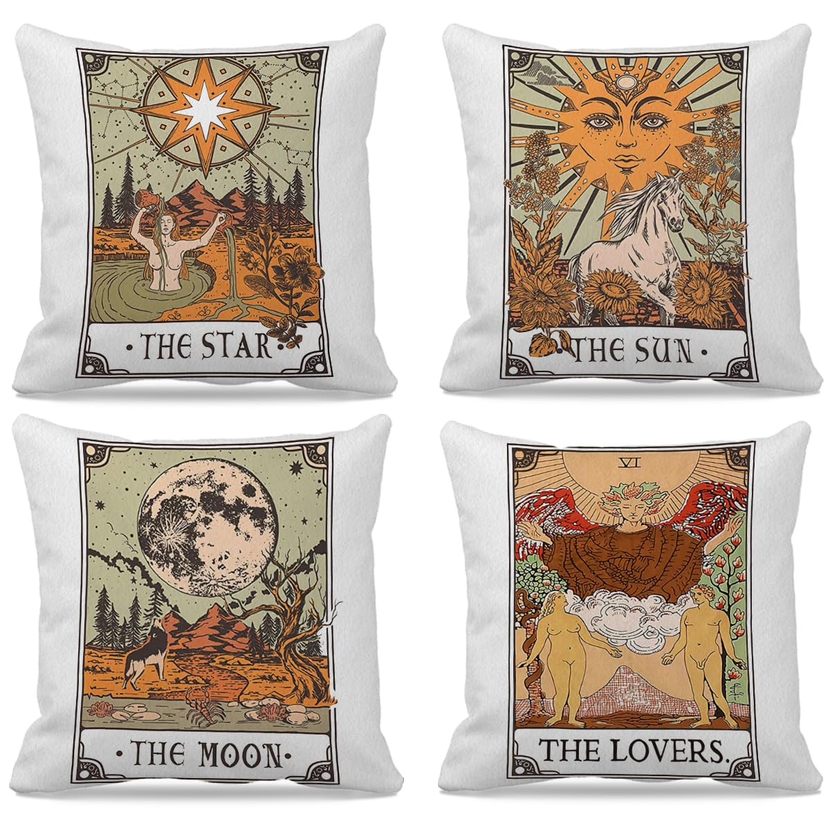 GICHUGI Astrology 18’’X18’’ Set of 4 Tarot The Sun The Moon The Star The Lovers Twelve Constellations Decorative Throw Pillow Case,Mystical Home Decor,Gifts for Tarot Astrology Lovers (White)