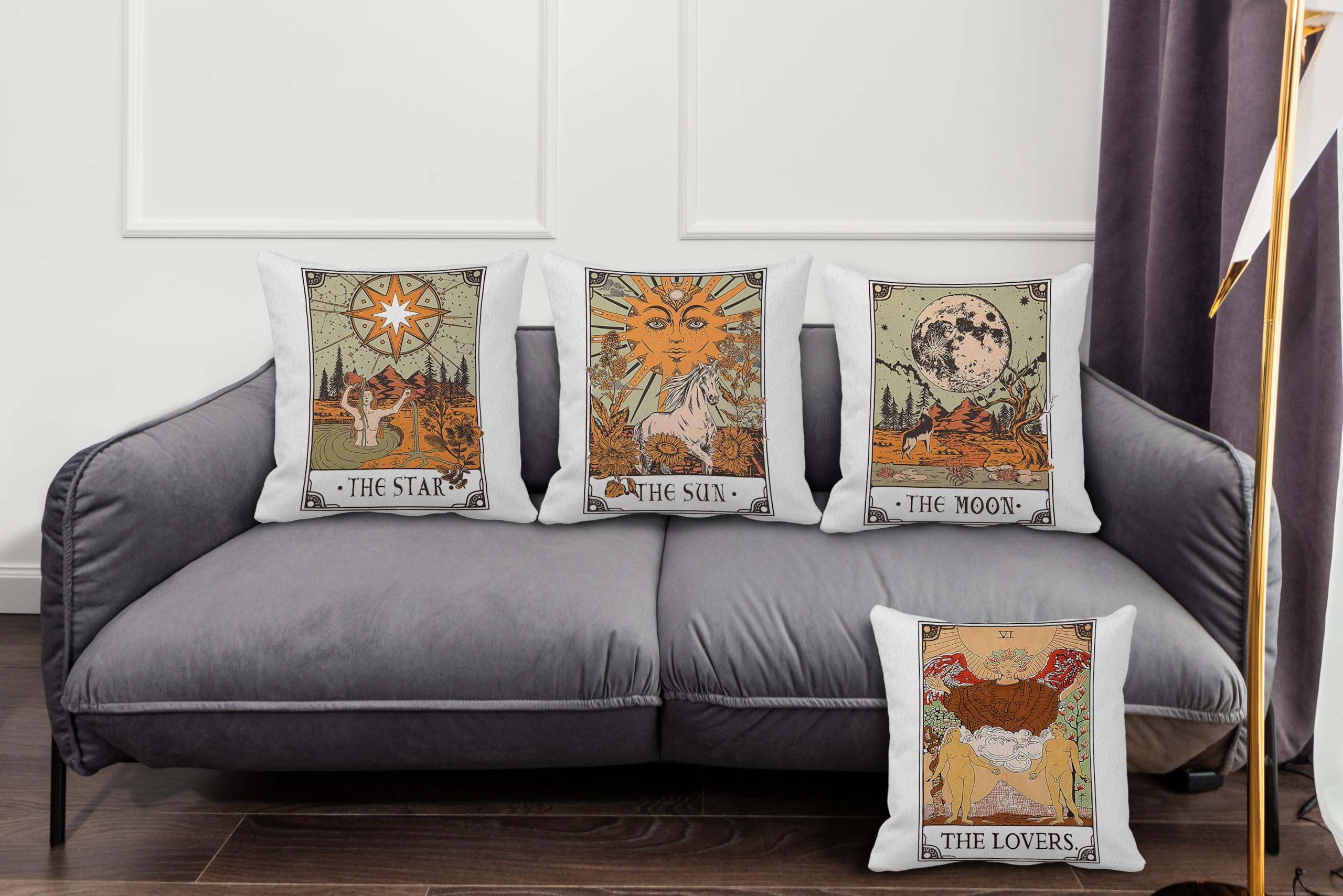 GICHUGI Astrology 18’’X18’’ Set of 4 Tarot The Sun The Moon The Star The Lovers Twelve Constellations Decorative Throw Pillow Case,Mystical Home Decor,Gifts for Tarot Astrology Lovers (White)