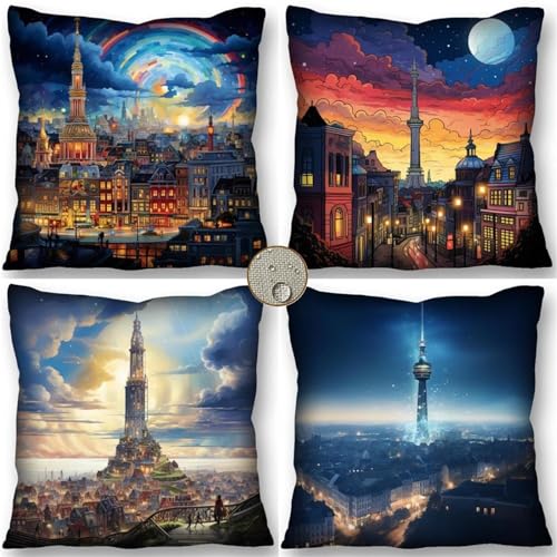 AI-Designed City Moon Throw Pillow Covers 45x45cm Set of 4 - Waterproof for Outdoor Use Farmhouse - for Living Room Bed Couch - Indoor Decorative Cushion Cases for Home Room Christmas Decorations