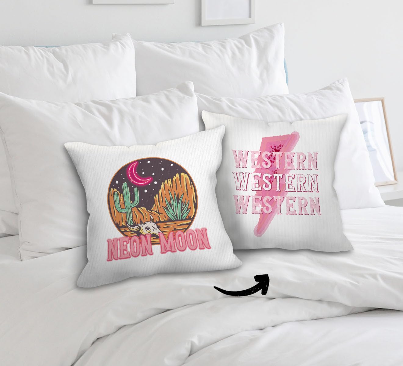 FLDAS Preppy Pillow Covers 18x18, Western Pillow Cases, Pink Western Decor, Western Gifts for Women, Western Preppy Neon Moon Cactus Desert Lightning Reversible Throw Pillow Covers