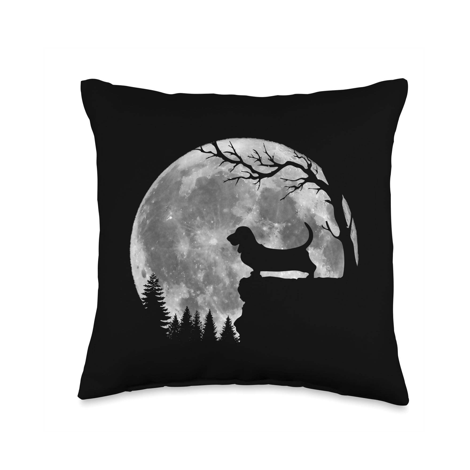 Basset Hound Mom Dog Howl in Forest Halloween Basset Hound Dog Moon Silhouette Lazy Halloween Costume Throw Pillow, 16x16, Multicolor