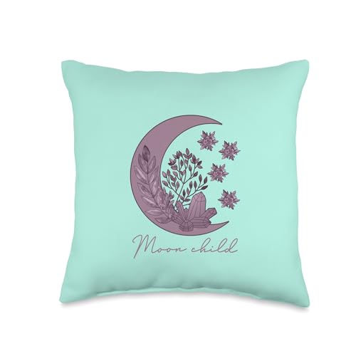 Moon Child Witchy Moon Phases Divination Crescent Moon Child Witchy Wicca Spiritual Healing Turquoise Throw Pillow, 16x16, Multicolor