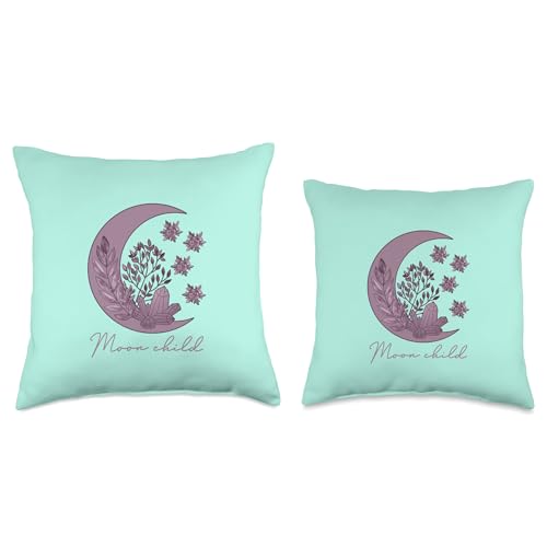 Moon Child Witchy Moon Phases Divination Crescent Moon Child Witchy Wicca Spiritual Healing Turquoise Throw Pillow, 16x16, Multicolor