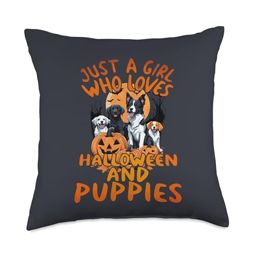 Just a girl who loves Apparel Halloween Puppy Party-Paws and Pumpkins Under The Moon Throw Pillow, 18x18, Multicolor