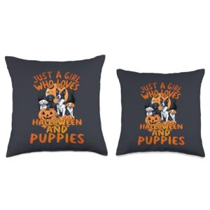 Just a girl who loves Apparel Halloween Puppy Party-Paws and Pumpkins Under The Moon Throw Pillow, 18x18, Multicolor