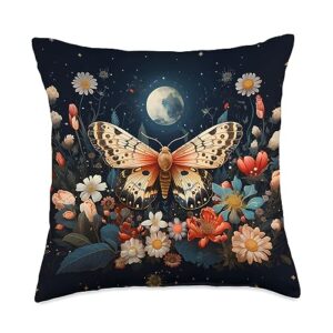 Witchy Vibe Aesthetics Beautiful Moth Flowers Moon Starry Night Throw Pillow, 18x18, Multicolor