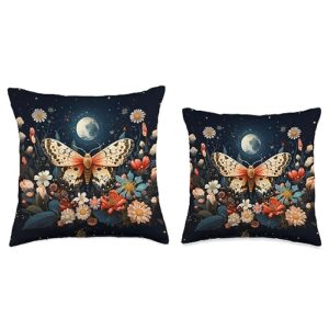 Witchy Vibe Aesthetics Beautiful Moth Flowers Moon Starry Night Throw Pillow, 18x18, Multicolor