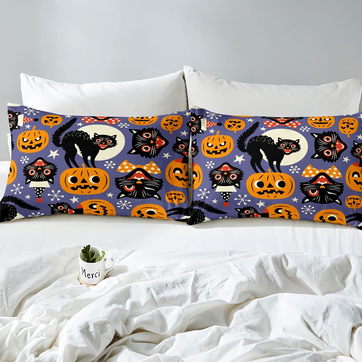 Pumpkin Sheet Set king Size,Halloween Bed Sheet Set Vintage Spooky Cats Bedding Sheets Cartoon Pumpkin Bed Set For Kids Boys Girls Teens Stars Moon Fitted Sheet + Purple Flat Sheet + 2 Pillow Cases