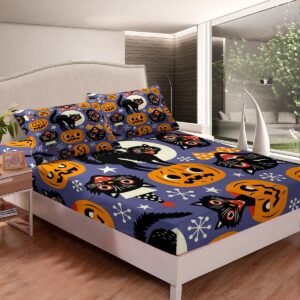 Pumpkin Sheet Set king Size,Halloween Bed Sheet Set Vintage Spooky Cats Bedding Sheets Cartoon Pumpkin Bed Set For Kids Boys Girls Teens Stars Moon Fitted Sheet + Purple Flat Sheet + 2 Pillow Cases