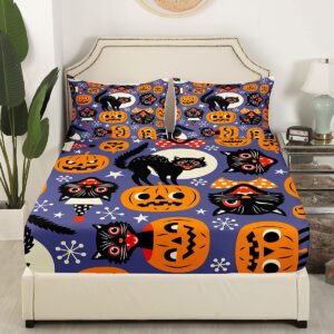 Pumpkin Sheet Set king Size,Halloween Bed Sheet Set Vintage Spooky Cats Bedding Sheets Cartoon Pumpkin Bed Set For Kids Boys Girls Teens Stars Moon Fitted Sheet + Purple Flat Sheet + 2 Pillow Cases