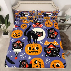 Pumpkin Sheet Set king Size,Halloween Bed Sheet Set Vintage Spooky Cats Bedding Sheets Cartoon Pumpkin Bed Set For Kids Boys Girls Teens Stars Moon Fitted Sheet + Purple Flat Sheet + 2 Pillow Cases