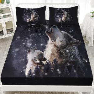 AILONEN Howling Wolf Fitted Sheet Set, Snow Wolf Bed Sheet Set Queen Size,Evening Moon Wolves Pattern Sheets,Wolf Father and Son Bedsheet Set 3 Pieces, 1 Fitted Sheet and 2 Pillowcases