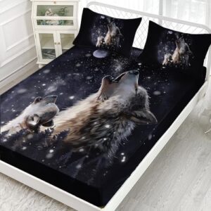 AILONEN Howling Wolf Fitted Sheet Set, Snow Wolf Bed Sheet Set Queen Size,Evening Moon Wolves Pattern Sheets,Wolf Father and Son Bedsheet Set 3 Pieces, 1 Fitted Sheet and 2 Pillowcases