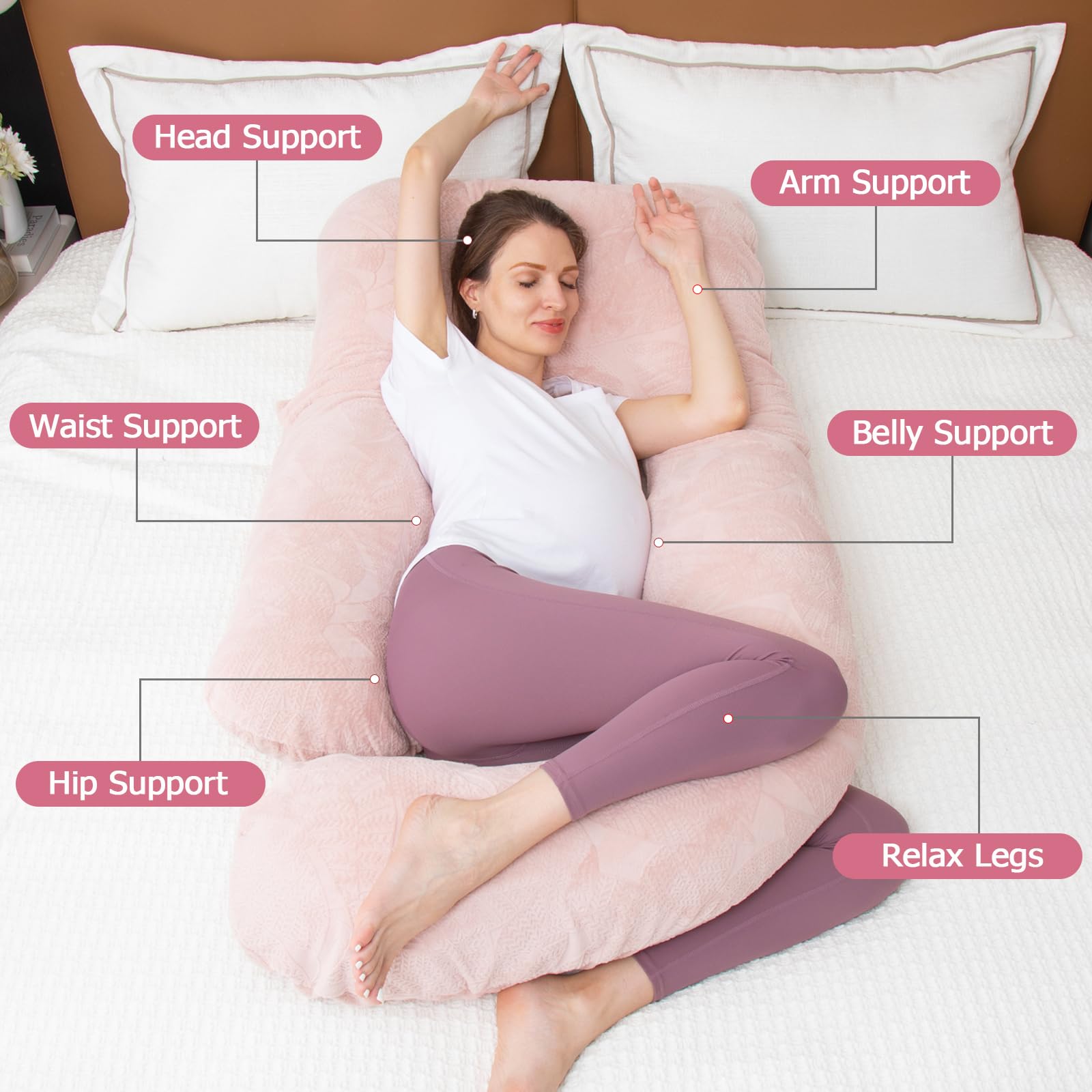 MOON PINE Pregnancy Pillow, U Shaped Full Body Pillow for Maternity Support, Sleeping Pillow with Cover for Pregnant Women (Dusty Pink)