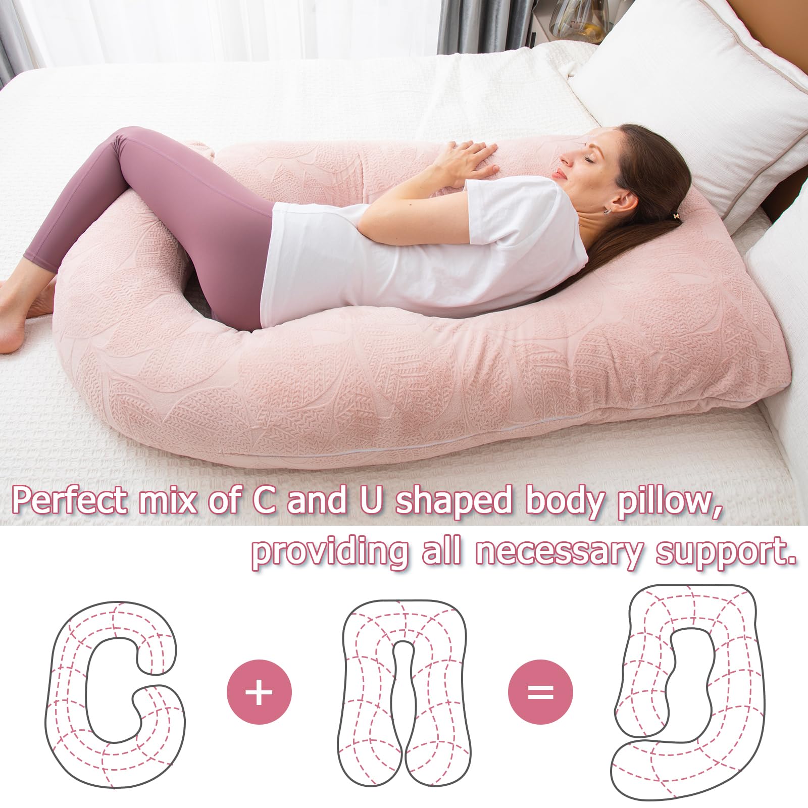 MOON PINE Pregnancy Pillow, U Shaped Full Body Pillow for Maternity Support, Sleeping Pillow with Cover for Pregnant Women (Dusty Pink)