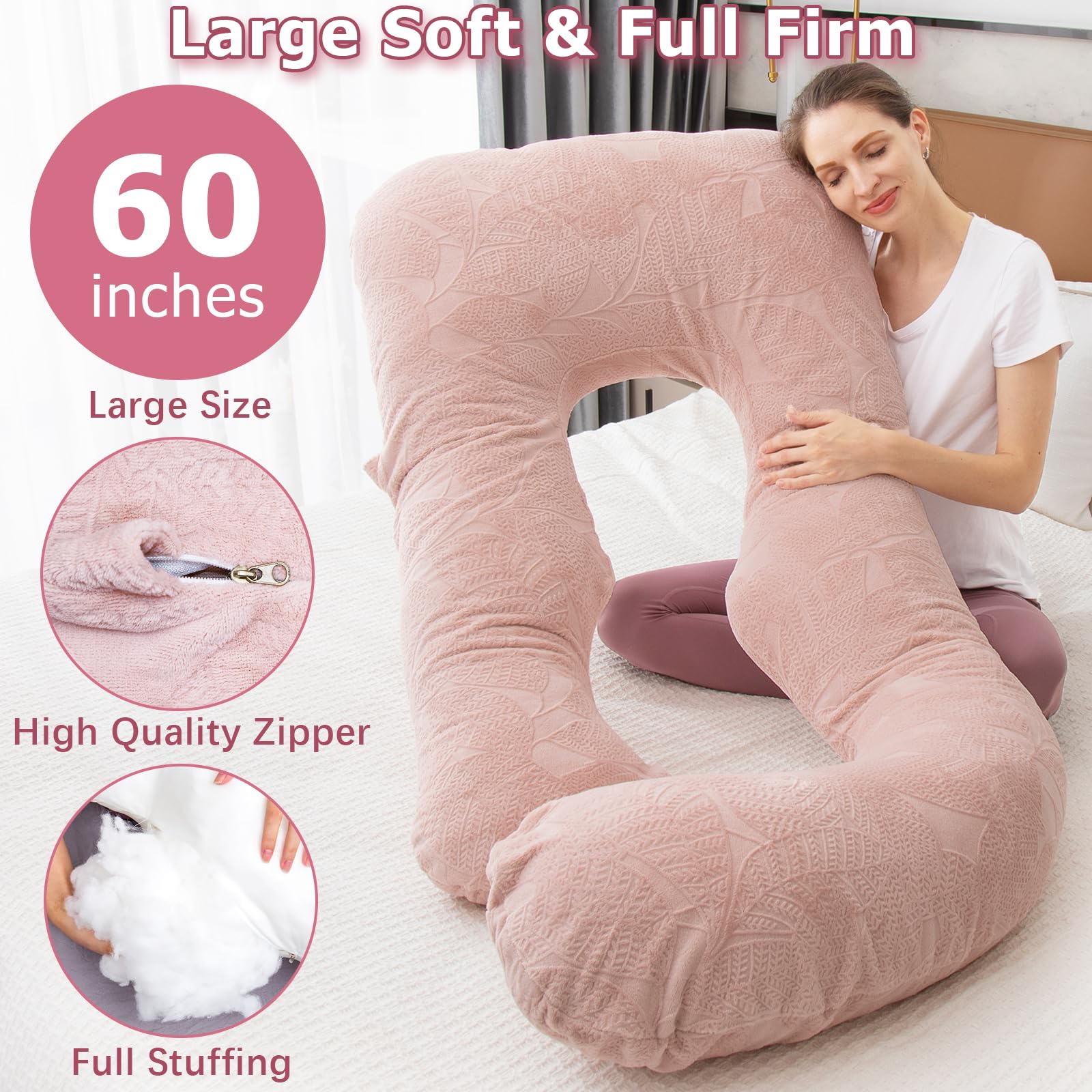 MOON PINE Pregnancy Pillow, U Shaped Full Body Pillow for Maternity Support, Sleeping Pillow with Cover for Pregnant Women (Dusty Pink)