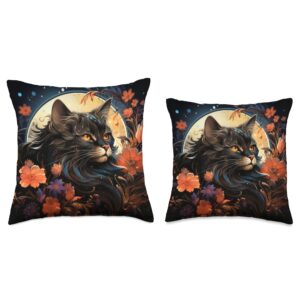 Black Cat Staring Full Moon Flowers Celestial Stars Floral Throw Pillow