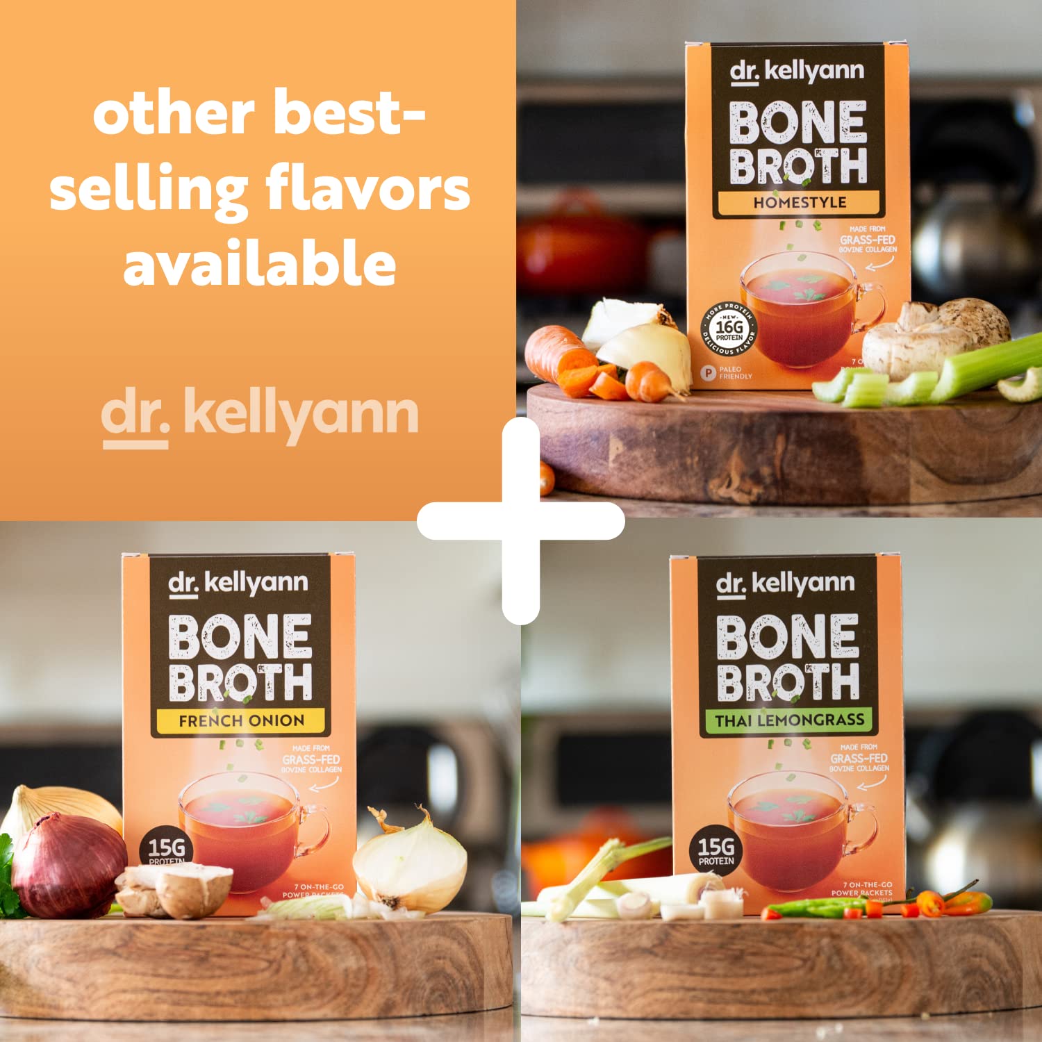 Dr. Kellyann Bone Broth Collagen Powder Packets (7 Servings, 1 Box), 16g Protein/Serving, 100% Grass-Fed Hydrolyzed Collagen Powder, Keto & Paleo Friendly