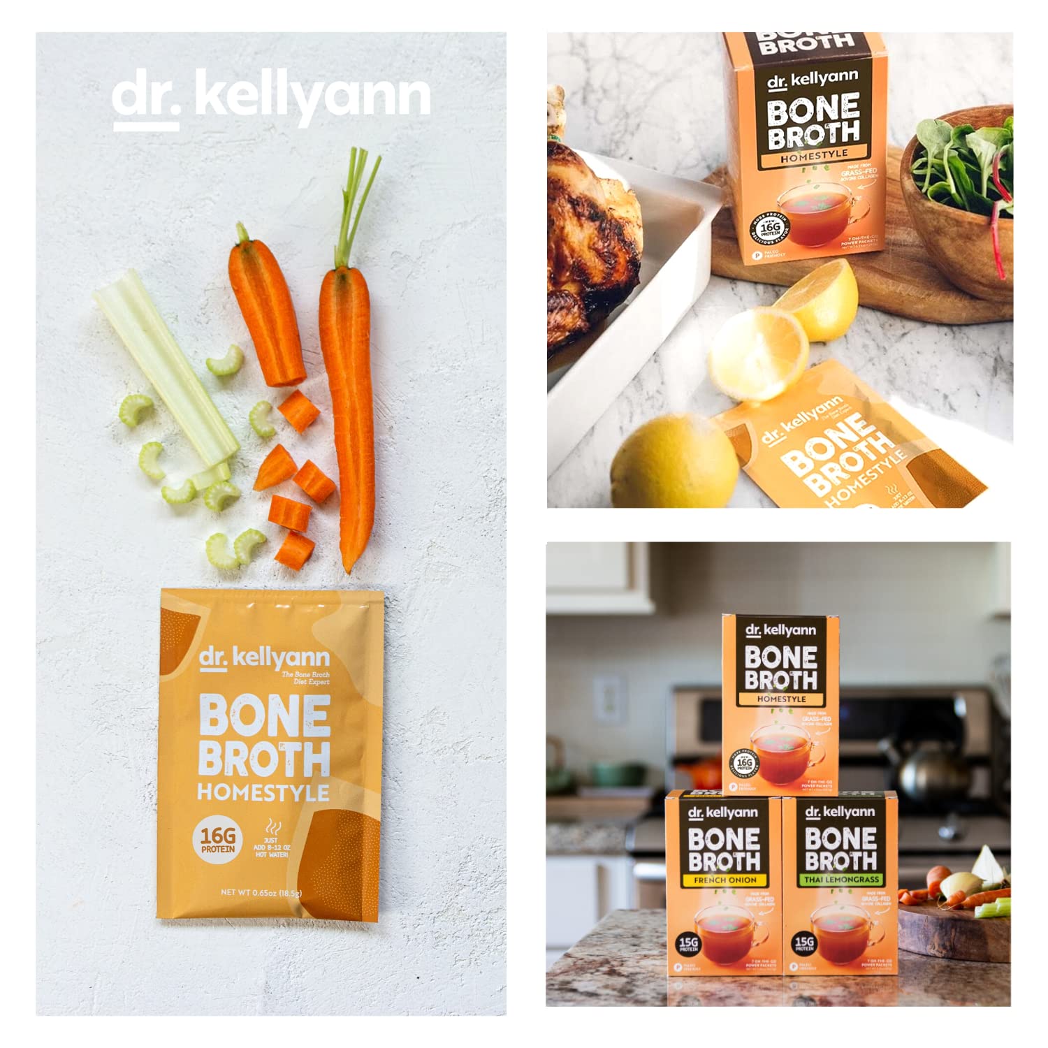 Dr. Kellyann Bone Broth Collagen Powder Packets (7 Servings, 1 Box), 16g Protein/Serving, 100% Grass-Fed Hydrolyzed Collagen Powder, Keto & Paleo Friendly