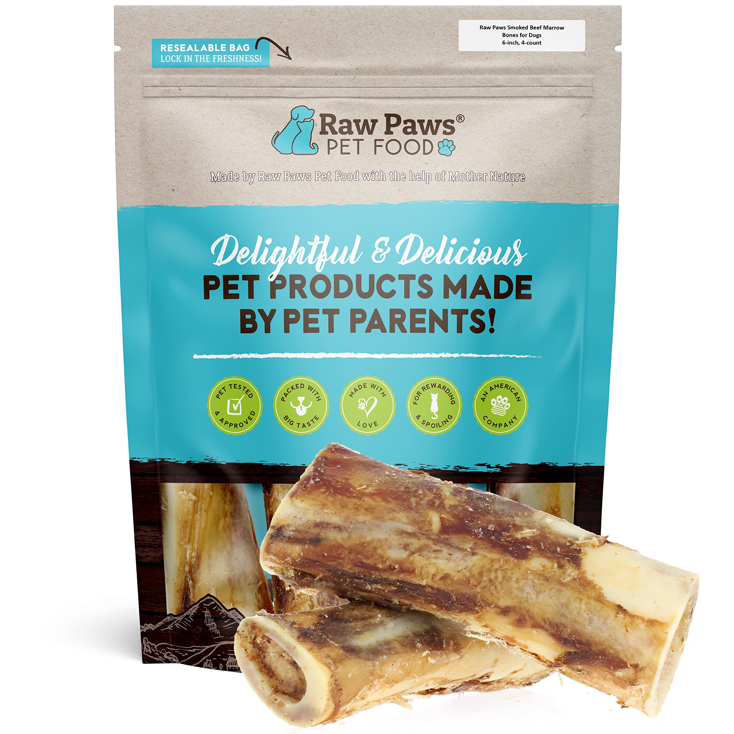 Raw Paws Smoked Beef Marrow Bones for Dogs - 6 inch, 4-ct - Packed in USA - Beef Bones for Dogs - Free Range Bone Marrow Treats for Dogs - Dog Chew Bones for Aggressive Chewers, Dog Marrow Bone Treats