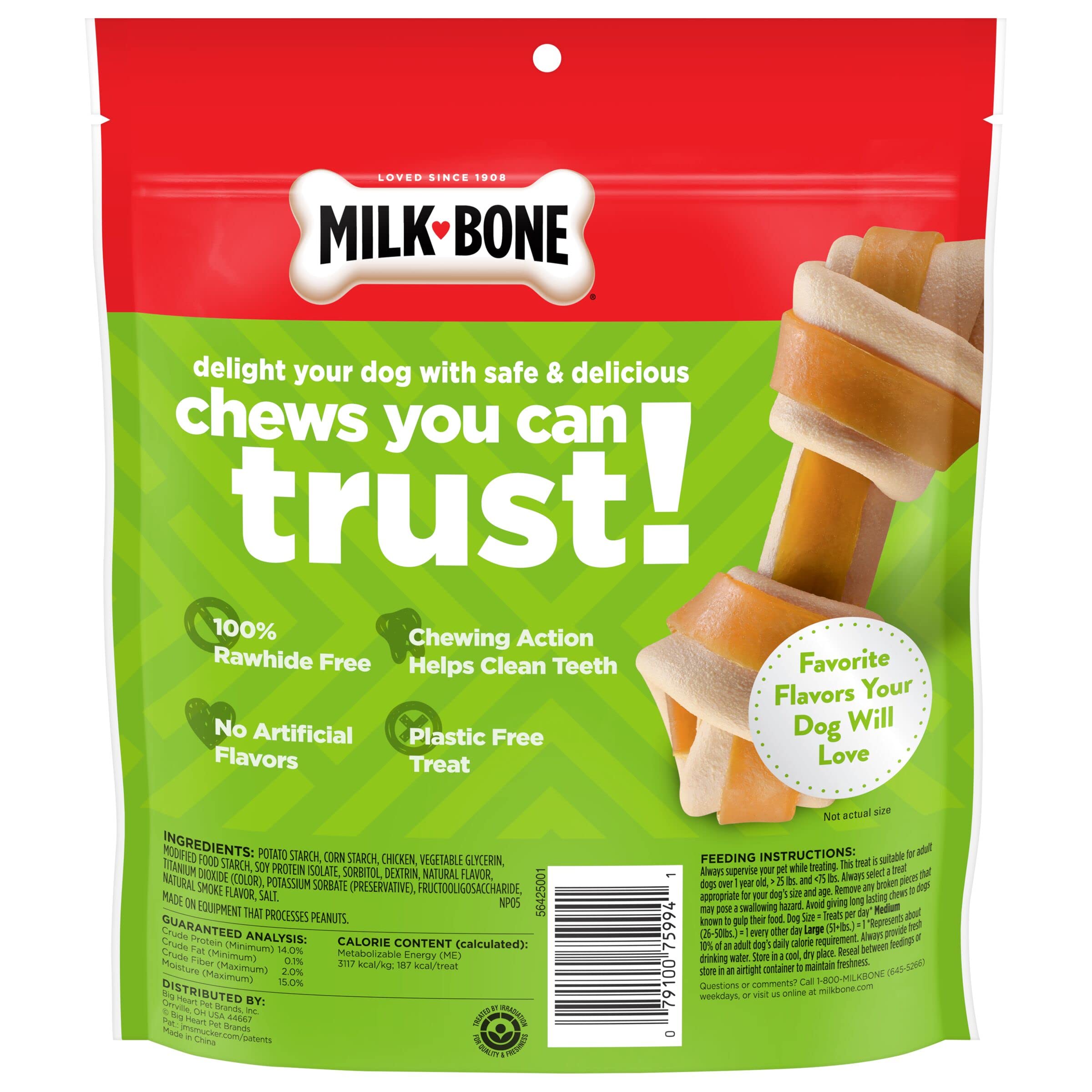 Milk-Bone Chews GnawBones Rawhide Free Dog Treats, Chicken, 5 Long Lasting Small/Medium Knotted Bones