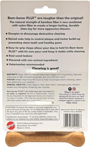 SPOT Bam-bones PLUS T Bone - Bamboo Fiber & Nylon, Durable Long Lasting Dog Chew for Aggressive Chewers – Great Toy for Adult Dogs & Teething Puppies under 60lbs, Non-Splintering, 6in, Chicken Flavor