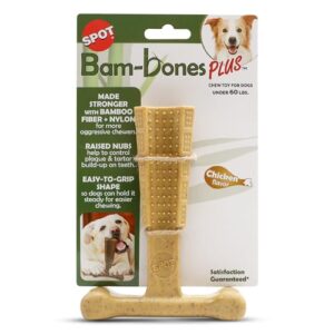 SPOT Bam-bones PLUS T Bone - Bamboo Fiber & Nylon, Durable Long Lasting Dog Chew for Aggressive Chewers – Great Toy for Adult Dogs & Teething Puppies under 60lbs, Non-Splintering, 6in, Chicken Flavor