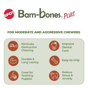 SPOT Bam-bones PLUS T Bone - Bamboo Fiber & Nylon, Durable Long Lasting Dog Chew for Aggressive Chewers – Great Toy for Adult Dogs & Teething Puppies under 60lbs, Non-Splintering, 6in, Chicken Flavor