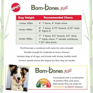 SPOT Bam-bones PLUS T Bone - Bamboo Fiber & Nylon, Durable Long Lasting Dog Chew for Aggressive Chewers – Great Toy for Adult Dogs & Teething Puppies under 60lbs, Non-Splintering, 6in, Chicken Flavor