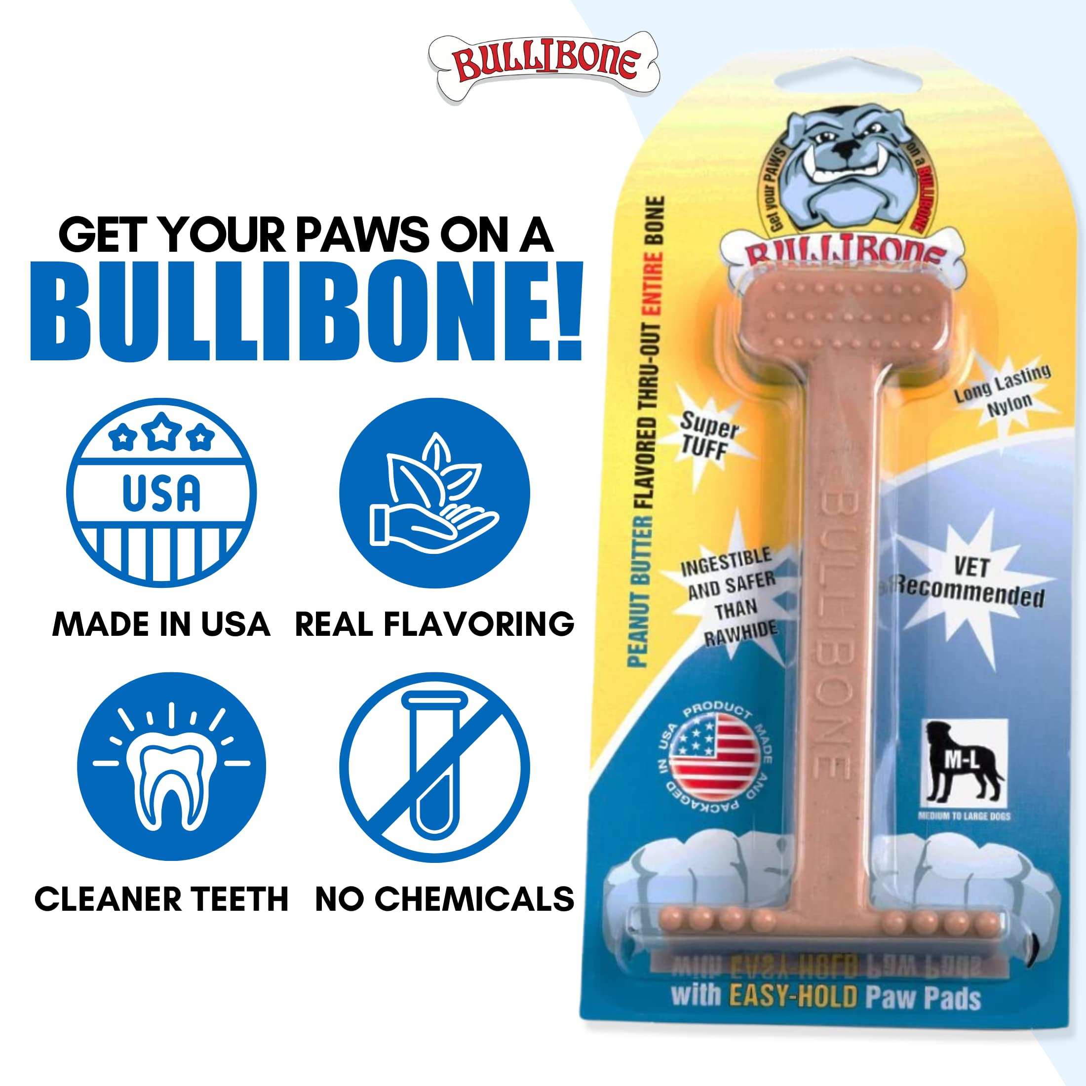 Bullibone Nylon Dog Chew Toy Nylon Bone - Improves Dental Hygiene, Easy to Grip Bottom, and Permeated with Flavor (Peanut Butter, Small - Single)