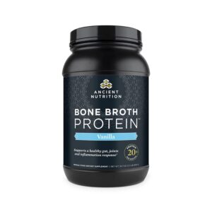 ancient nutrition protein powder made from real bone broth, vanilla, 20g protein per serving, 40 serving tub, gluten free hydrolyzed collagen peptides supplement, great in protein shakes