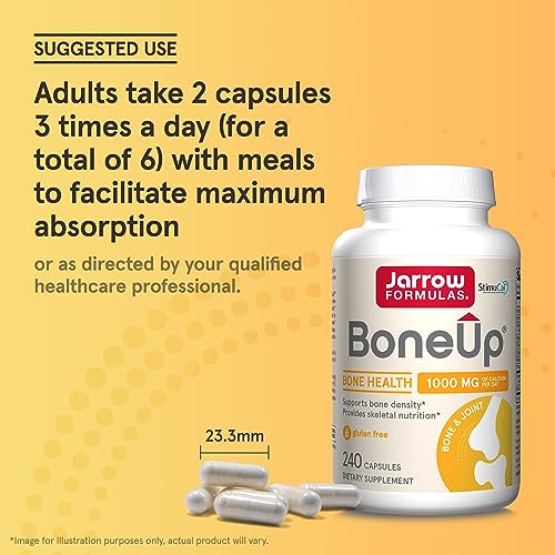 Jarrow Formulas BoneUp - 240 Capsules - 120 Servings - For Bone Support & Skeletal Nutrition - Includes Naturally Derived Vitamin D3, K2 (as MK-7) & 1000 mg Calcium - Gluten Free - Non-GMO