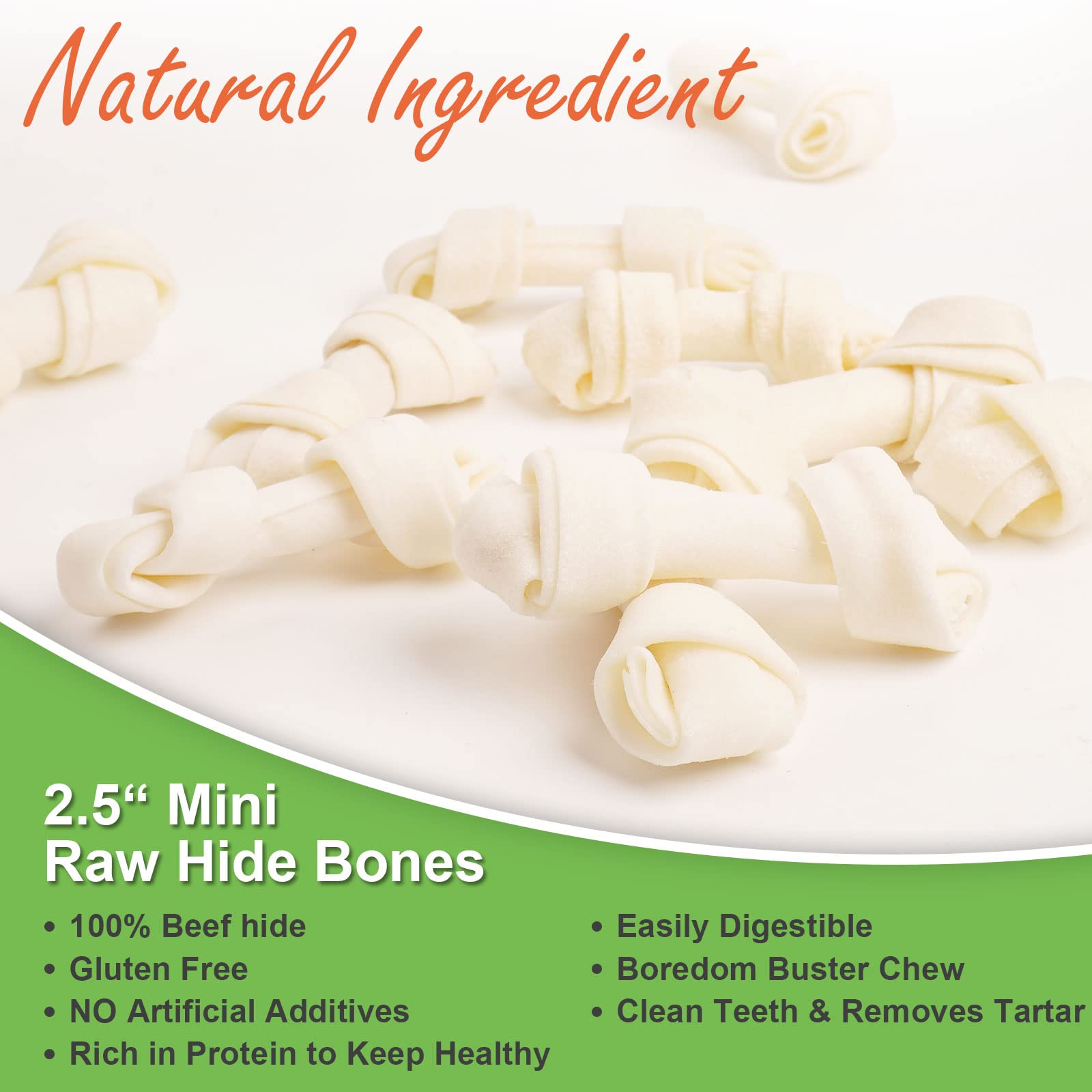 MON2SUN Dog Rawhide Knot Bones Small Rawhide Bones Mini Dog Chew Bones Natural 2.5 Inch 100 Count for Puppy and Small Dogs