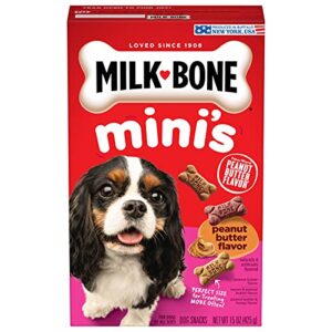milk-bone mini's peanut butter flavor dog treats for all size dogs, 15 ounce (pack of 6), crunchy texture helps freshen breath