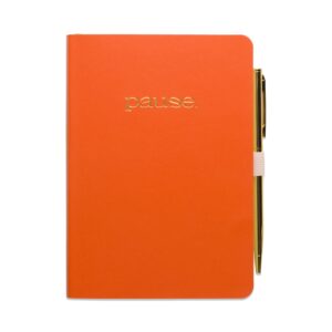 designworks ink gratitude journal with 196 guided pages for daily thoughts and goals with pen and ribbon marker | undated daily mindfulness journal, orange and gold foil pause