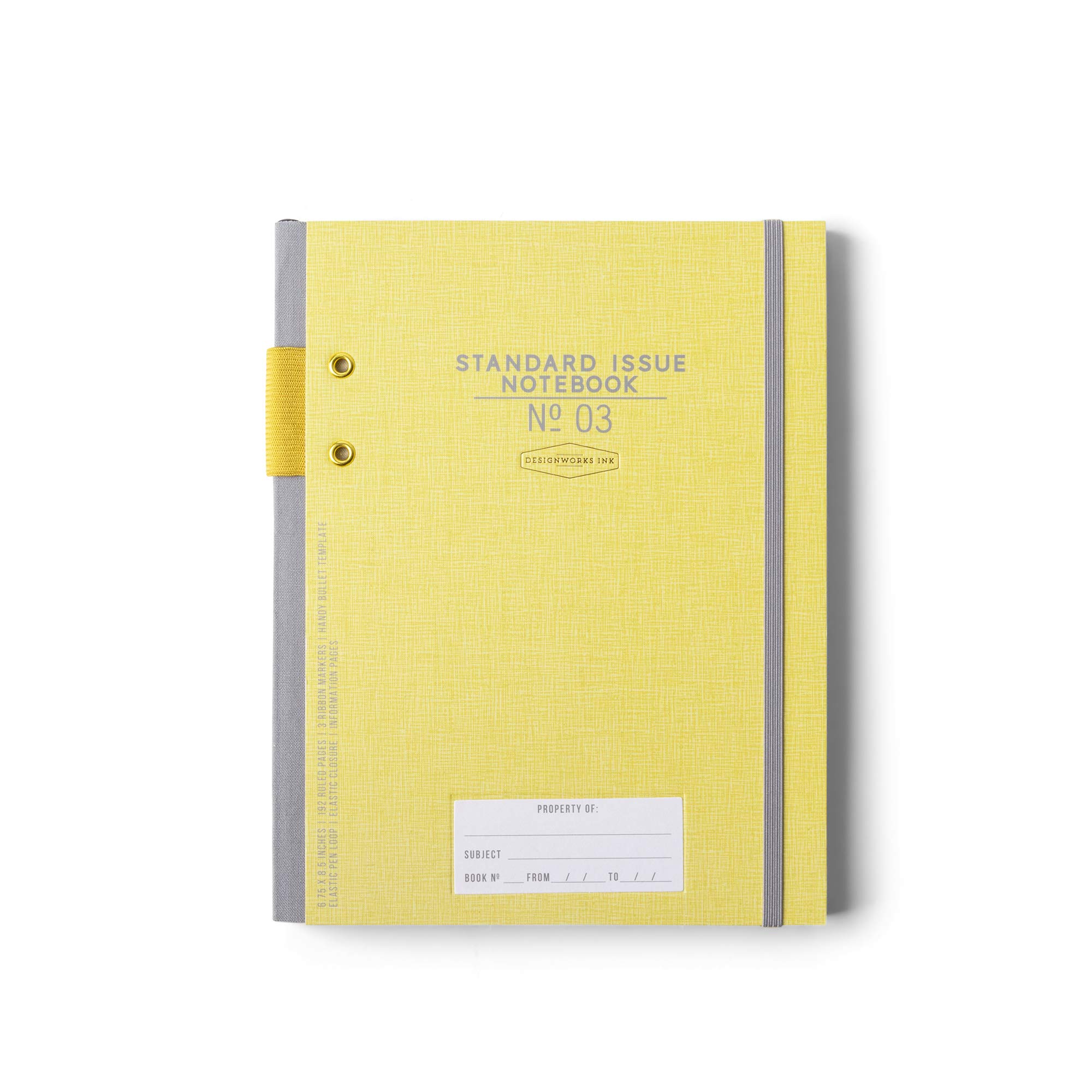 DesignWorks Ink Standard Issue Yellow Planner Notebook No. 3 Journal with Lined Pages, Elastic Closure, Pen Holder, and 3 Ribbon Marker for Work, Writing, Journaling