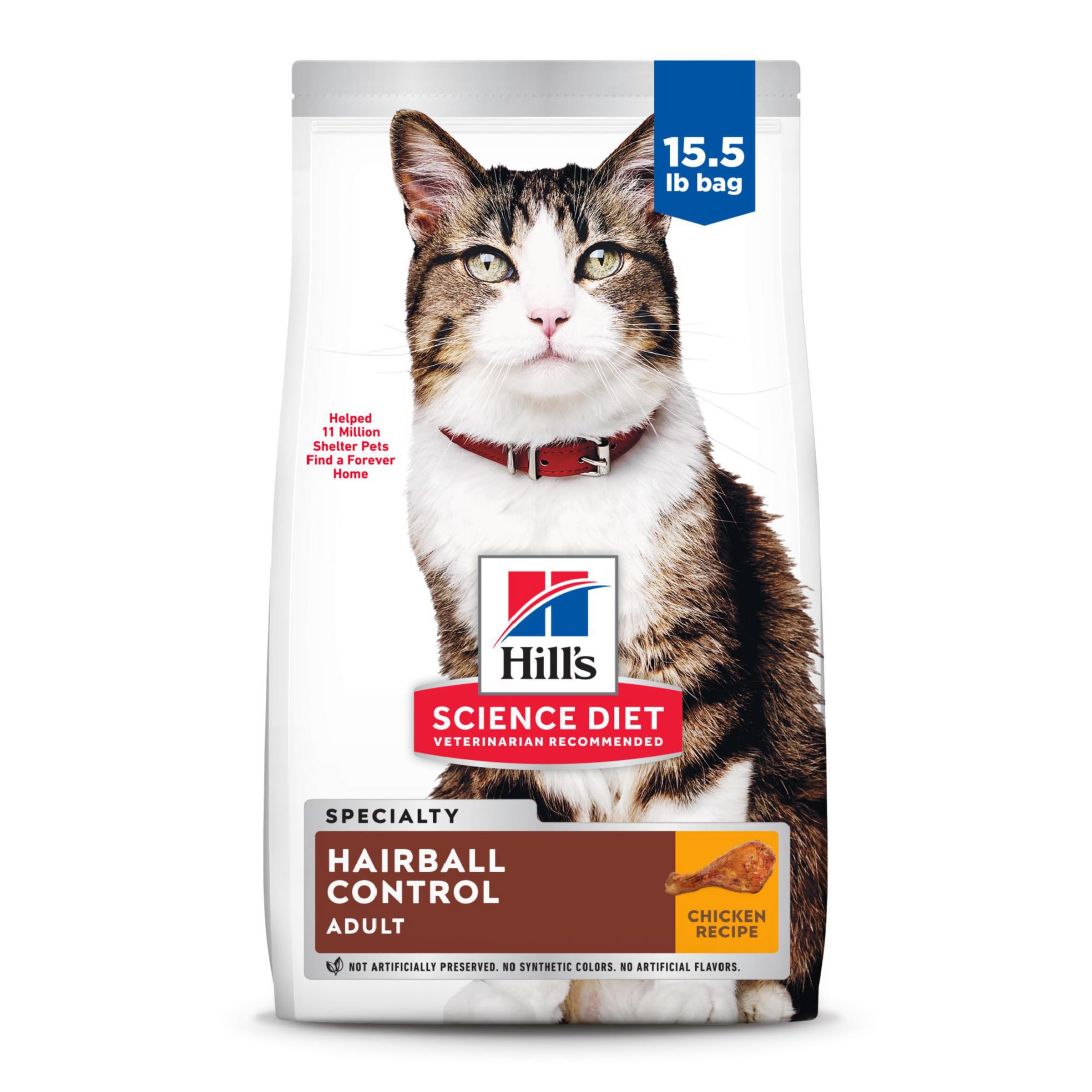 Hill's Science Diet Hairball Control, Adult 1-6, Hairball Control Support, Dry Cat Food, Chicken Recipe, 15.5 lb Bag