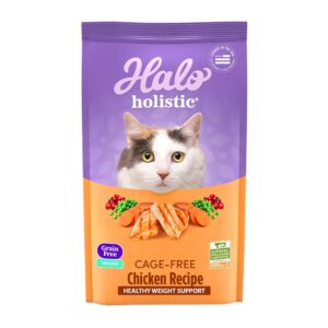 halo holistic indoor cat food dry, grain free cage-free chicken recipe for healthy weight support, complete digestive health, dry cat food bag, adult formula, 3-lb bag