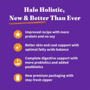 Halo Holistic Indoor Cat Food Dry, Grain Free Cage-free Chicken Recipe for healthy weight support, Complete Digestive Health, Dry Cat Food Bag, Adult Formula, 3-lb Bag