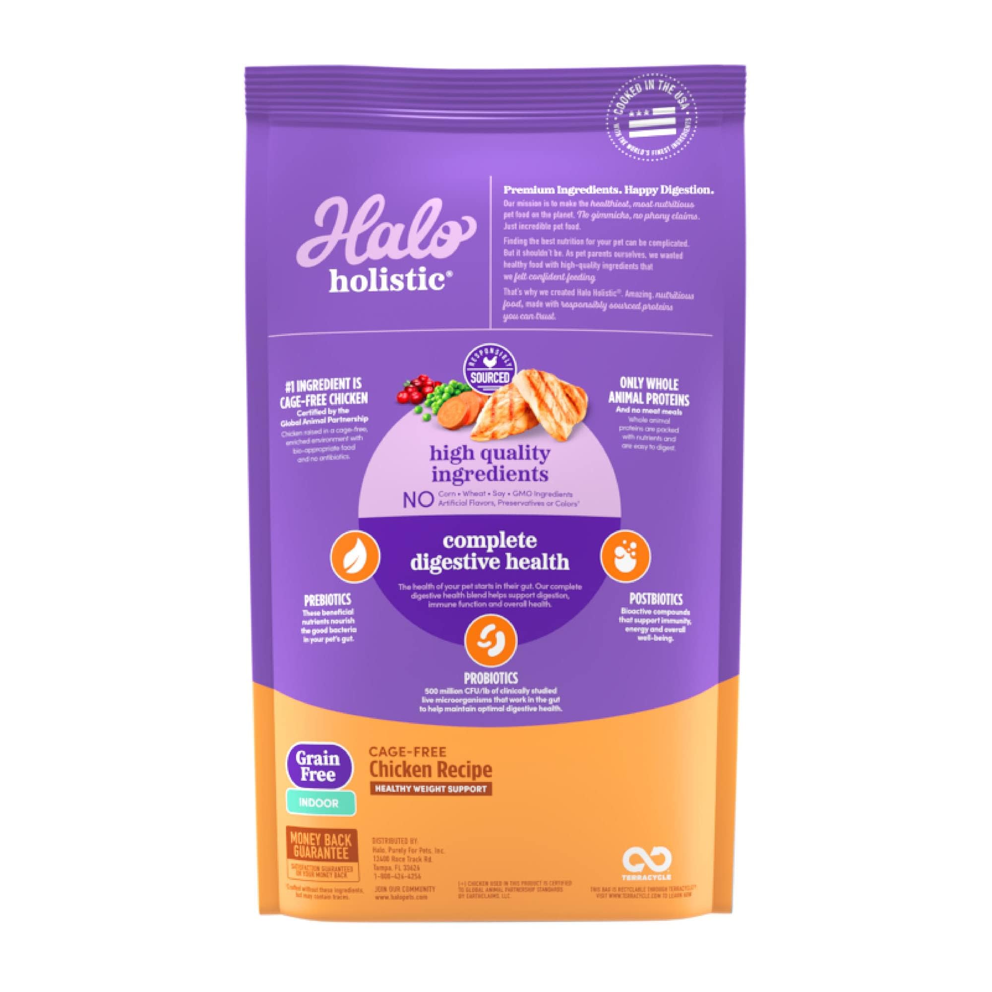 Halo Holistic Indoor Cat Food Dry, Grain Free Cage-free Chicken Recipe for healthy weight support, Complete Digestive Health, Dry Cat Food Bag, Adult Formula, 3-lb Bag