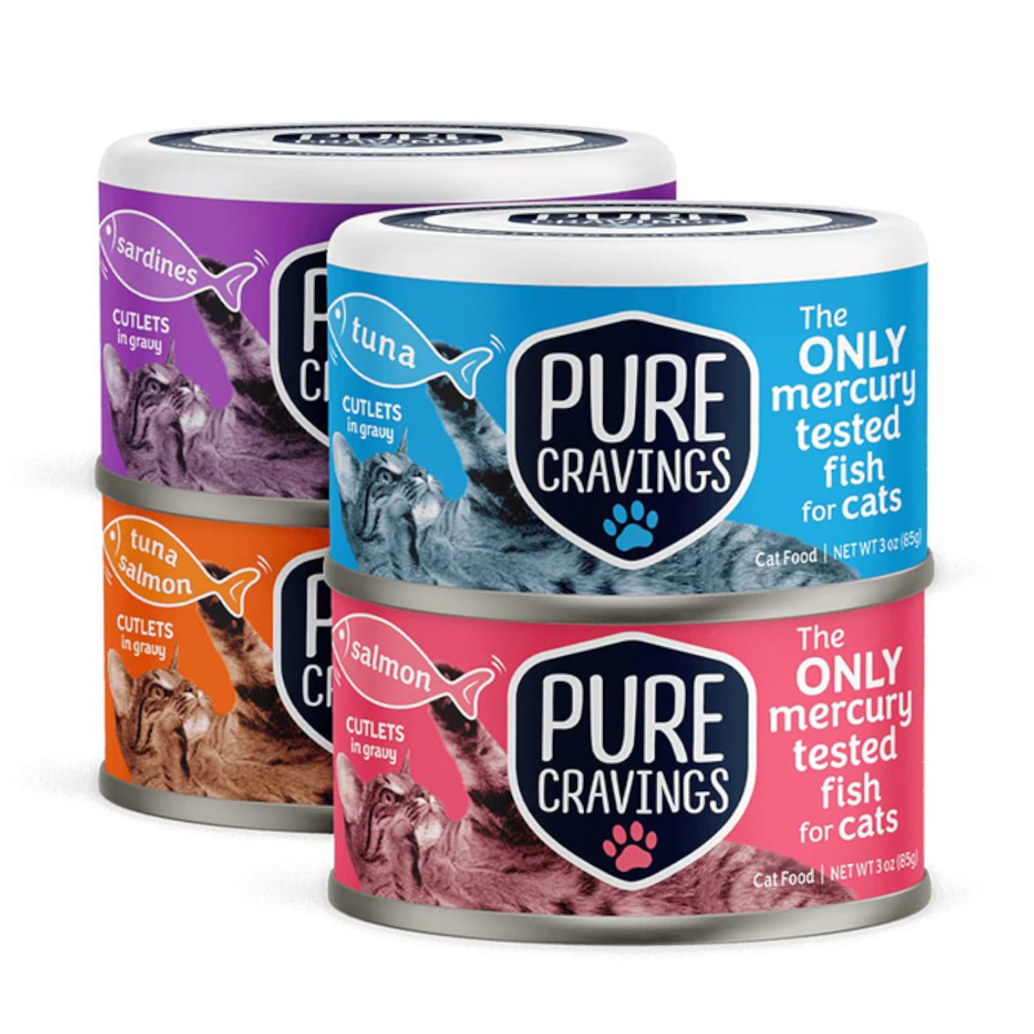 Pure Cravings Wet Cat Food Variety Pack Tuna, Salmon, Sardines, Tuna/Salmon in Gravy, 100% Mercury-Tested, Moist Can Fish for Cats, Grain-Free, Protein, Non-GMO, Pack of 12