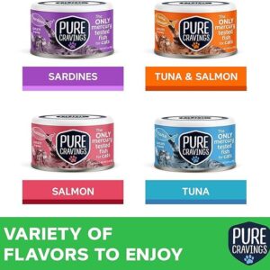 Pure Cravings Wet Cat Food Variety Pack Tuna, Salmon, Sardines, Tuna/Salmon in Gravy, 100% Mercury-Tested, Moist Can Fish for Cats, Grain-Free, Protein, Non-GMO, Pack of 12